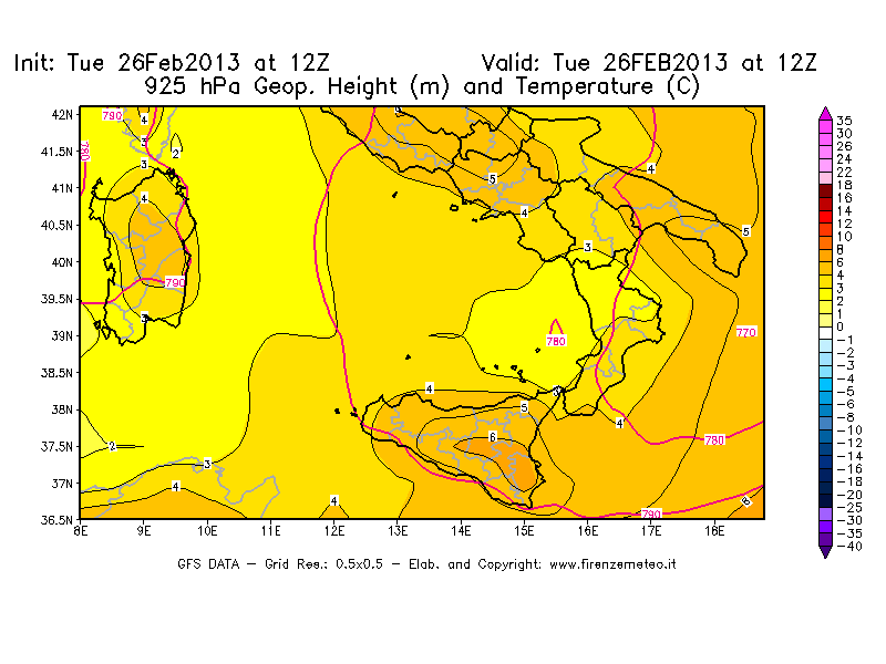 Mappa di analisi GFS - Geopotenziale [m] e Temperatura [°C] a 925 hPa in Sud-Italia
							del 26/02/2013 12 <!--googleoff: index-->UTC<!--googleon: index-->