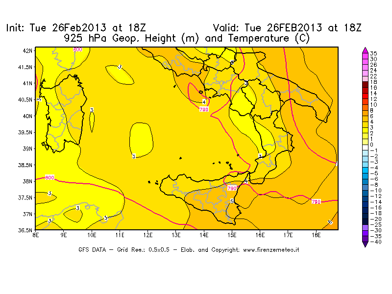 Mappa di analisi GFS - Geopotenziale [m] e Temperatura [°C] a 925 hPa in Sud-Italia
							del 26/02/2013 18 <!--googleoff: index-->UTC<!--googleon: index-->
