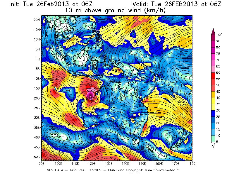 Mappa di analisi GFS - Velocità del vento a 10 metri dal suolo [km/h] in Oceania
							del 26/02/2013 06 <!--googleoff: index-->UTC<!--googleon: index-->