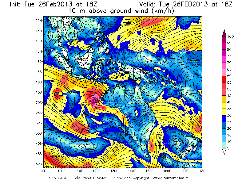 Mappa di analisi GFS - Velocità del vento a 10 metri dal suolo [km/h] in Oceania
							del 26/02/2013 18 <!--googleoff: index-->UTC<!--googleon: index-->