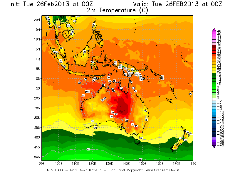 Mappa di analisi GFS - Temperatura a 2 metri dal suolo [°C] in Oceania
							del 26/02/2013 00 <!--googleoff: index-->UTC<!--googleon: index-->