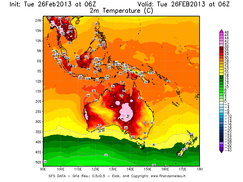 Mappa di analisi GFS - Temperatura a 2 metri dal suolo [°C] in Oceania
							del 26/02/2013 06 <!--googleoff: index-->UTC<!--googleon: index-->