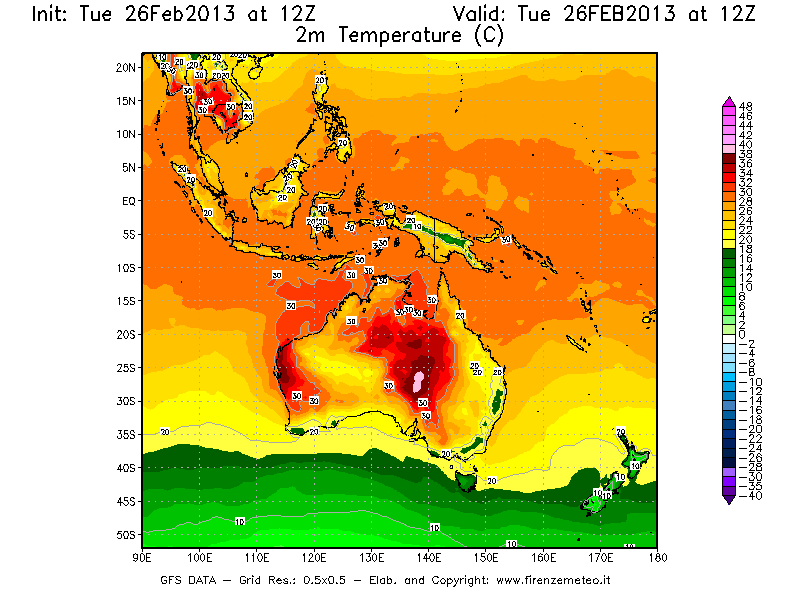 Mappa di analisi GFS - Temperatura a 2 metri dal suolo [°C] in Oceania
							del 26/02/2013 12 <!--googleoff: index-->UTC<!--googleon: index-->