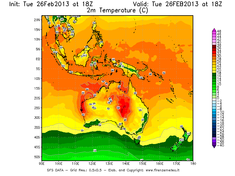 Mappa di analisi GFS - Temperatura a 2 metri dal suolo [°C] in Oceania
							del 26/02/2013 18 <!--googleoff: index-->UTC<!--googleon: index-->