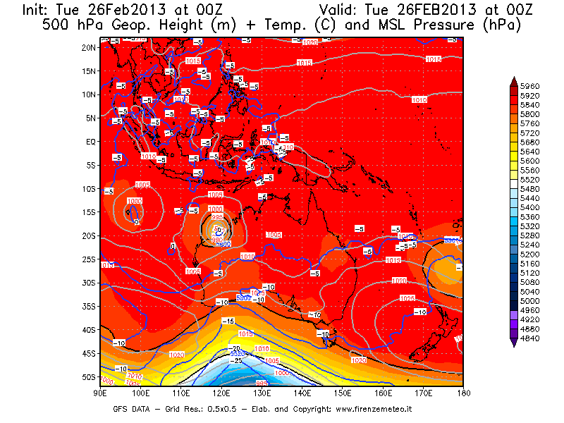 Mappa di analisi GFS - Geopotenziale [m] + Temp. [°C] a 500 hPa + Press. a livello del mare [hPa] in Oceania
							del 26/02/2013 00 <!--googleoff: index-->UTC<!--googleon: index-->