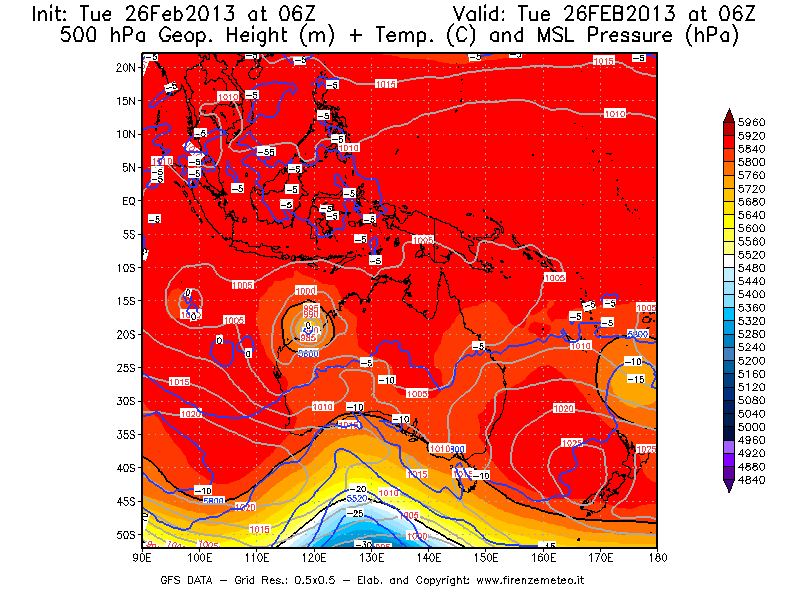 Mappa di analisi GFS - Geopotenziale [m] + Temp. [°C] a 500 hPa + Press. a livello del mare [hPa] in Oceania
							del 26/02/2013 06 <!--googleoff: index-->UTC<!--googleon: index-->