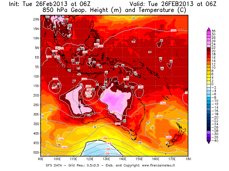 Mappa di analisi GFS - Geopotenziale [m] e Temperatura [°C] a 850 hPa in Oceania
							del 26/02/2013 06 <!--googleoff: index-->UTC<!--googleon: index-->