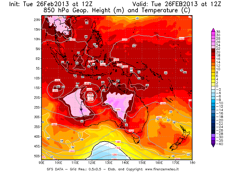 Mappa di analisi GFS - Geopotenziale [m] e Temperatura [°C] a 850 hPa in Oceania
							del 26/02/2013 12 <!--googleoff: index-->UTC<!--googleon: index-->
