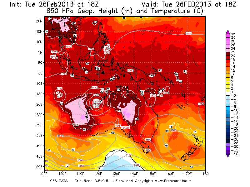 Mappa di analisi GFS - Geopotenziale [m] e Temperatura [°C] a 850 hPa in Oceania
							del 26/02/2013 18 <!--googleoff: index-->UTC<!--googleon: index-->