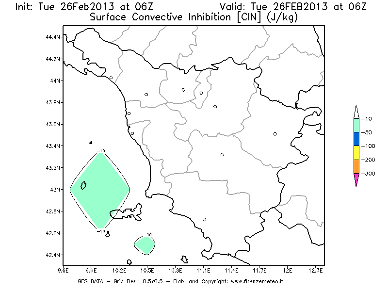 Mappa di analisi GFS - CIN [J/kg] in Toscana
							del 26/02/2013 06 <!--googleoff: index-->UTC<!--googleon: index-->