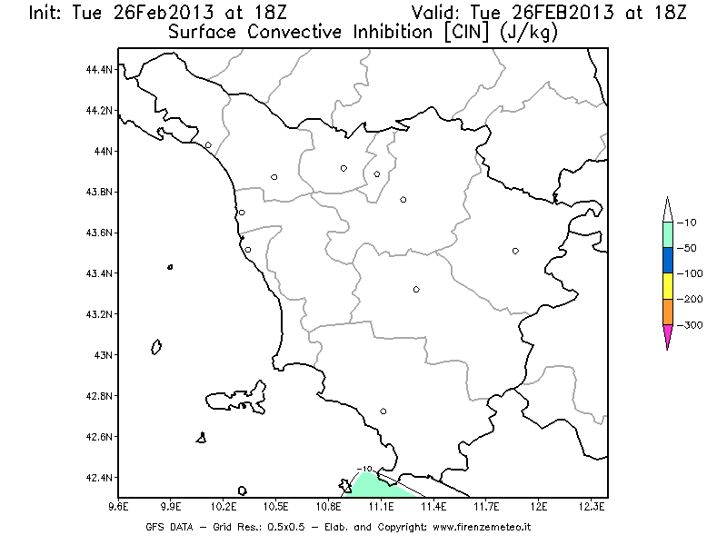 Mappa di analisi GFS - CIN [J/kg] in Toscana
							del 26/02/2013 18 <!--googleoff: index-->UTC<!--googleon: index-->