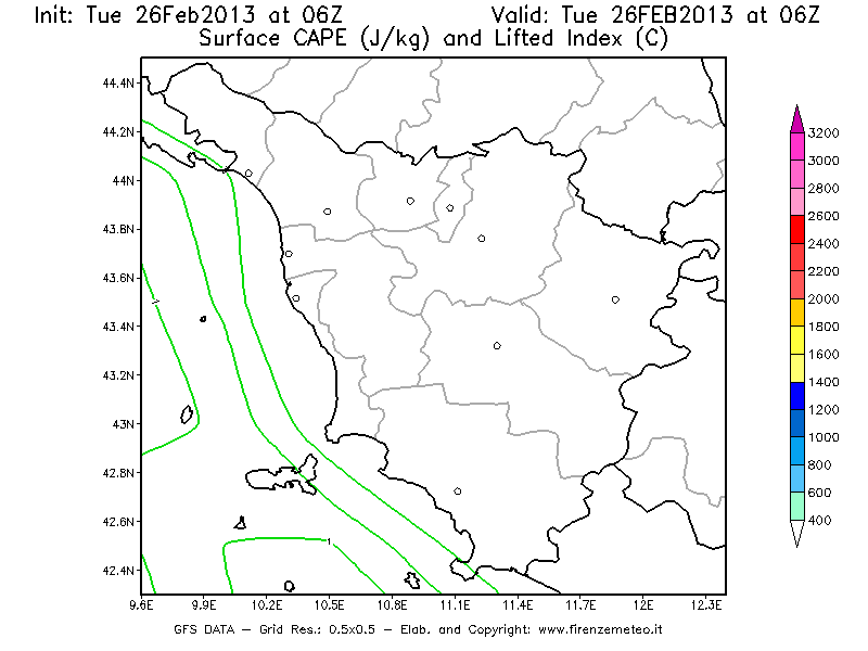 Mappa di analisi GFS - CAPE [J/kg] e Lifted Index [°C] in Toscana
							del 26/02/2013 06 <!--googleoff: index-->UTC<!--googleon: index-->