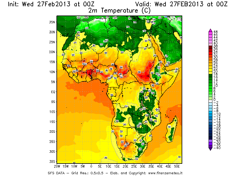 Mappa di analisi GFS - Temperatura a 2 metri dal suolo [°C] in Africa
							del 27/02/2013 00 <!--googleoff: index-->UTC<!--googleon: index-->