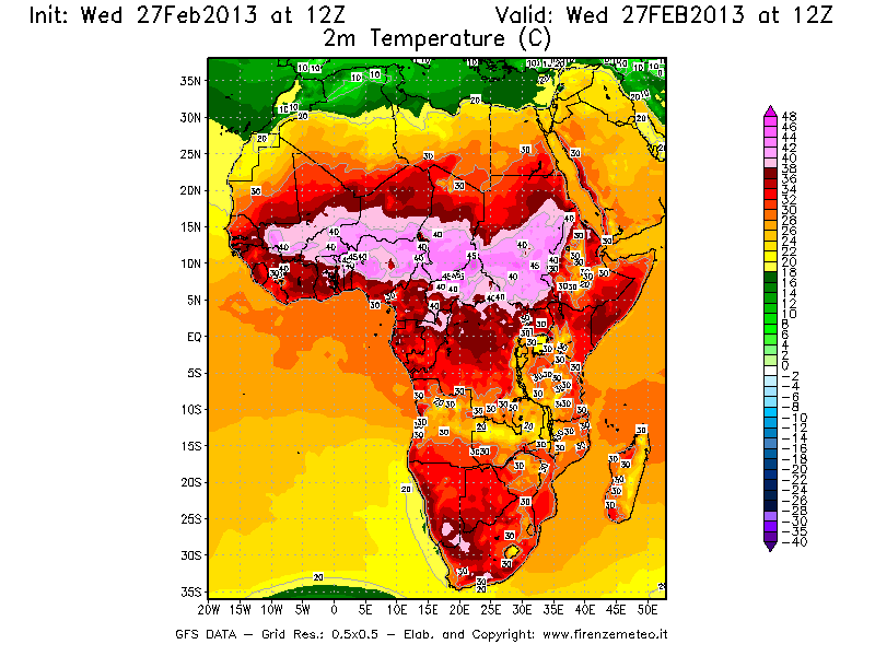 Mappa di analisi GFS - Temperatura a 2 metri dal suolo [°C] in Africa
							del 27/02/2013 12 <!--googleoff: index-->UTC<!--googleon: index-->