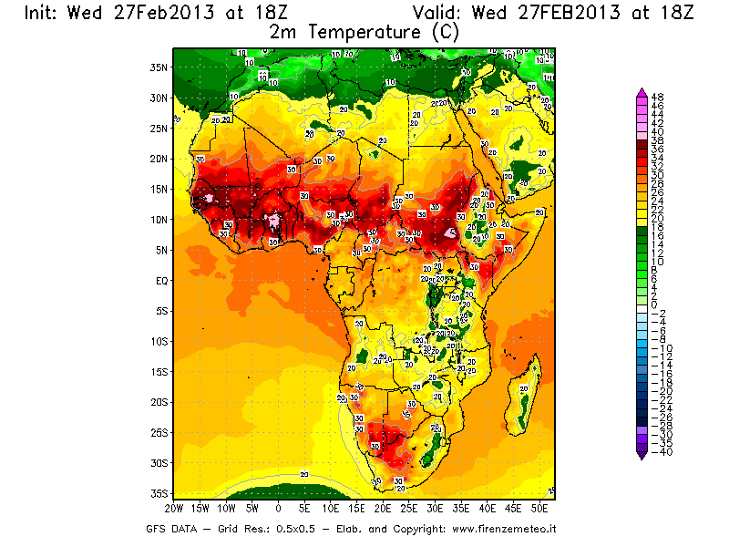 Mappa di analisi GFS - Temperatura a 2 metri dal suolo [°C] in Africa
							del 27/02/2013 18 <!--googleoff: index-->UTC<!--googleon: index-->
