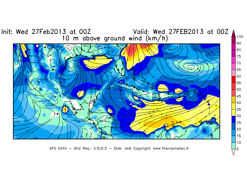 Mappa di analisi GFS - Velocità del vento a 10 metri dal suolo [km/h] in Centro-America
							del 27/02/2013 00 <!--googleoff: index-->UTC<!--googleon: index-->