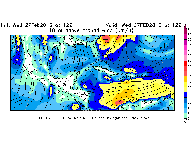 Mappa di analisi GFS - Velocità del vento a 10 metri dal suolo [km/h] in Centro-America
							del 27/02/2013 12 <!--googleoff: index-->UTC<!--googleon: index-->