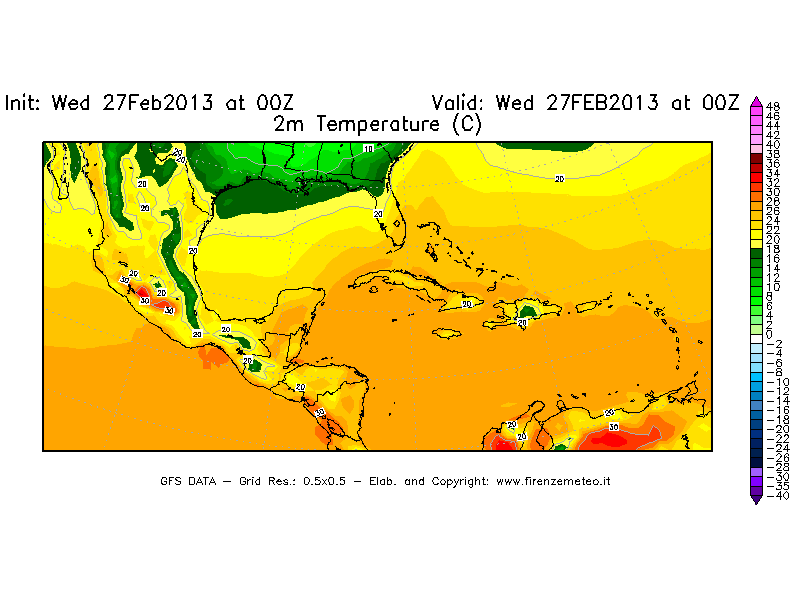 Mappa di analisi GFS - Temperatura a 2 metri dal suolo [°C] in Centro-America
							del 27/02/2013 00 <!--googleoff: index-->UTC<!--googleon: index-->