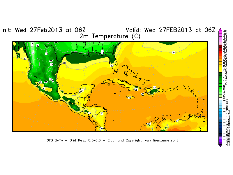 Mappa di analisi GFS - Temperatura a 2 metri dal suolo [°C] in Centro-America
							del 27/02/2013 06 <!--googleoff: index-->UTC<!--googleon: index-->