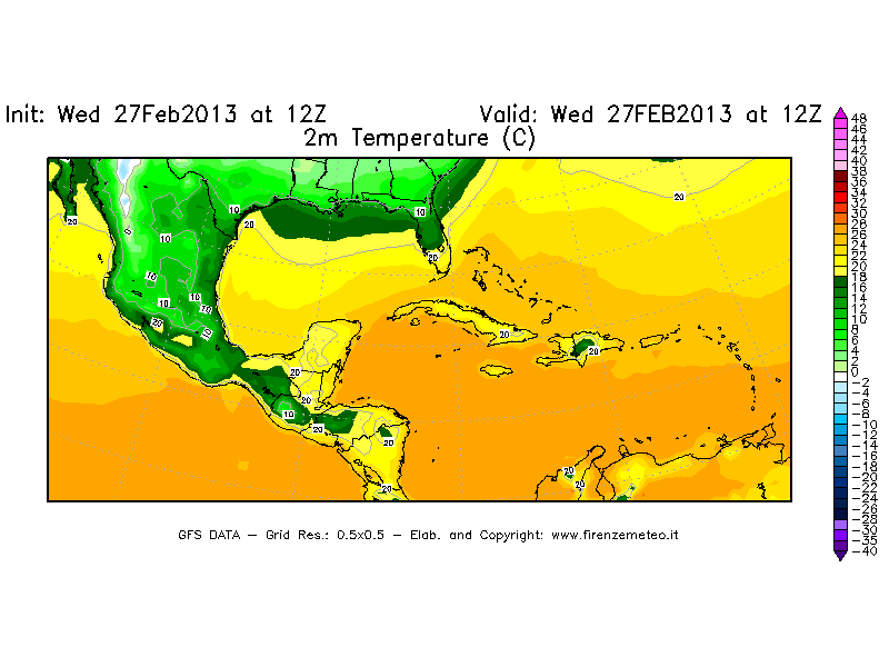 Mappa di analisi GFS - Temperatura a 2 metri dal suolo [°C] in Centro-America
							del 27/02/2013 12 <!--googleoff: index-->UTC<!--googleon: index-->