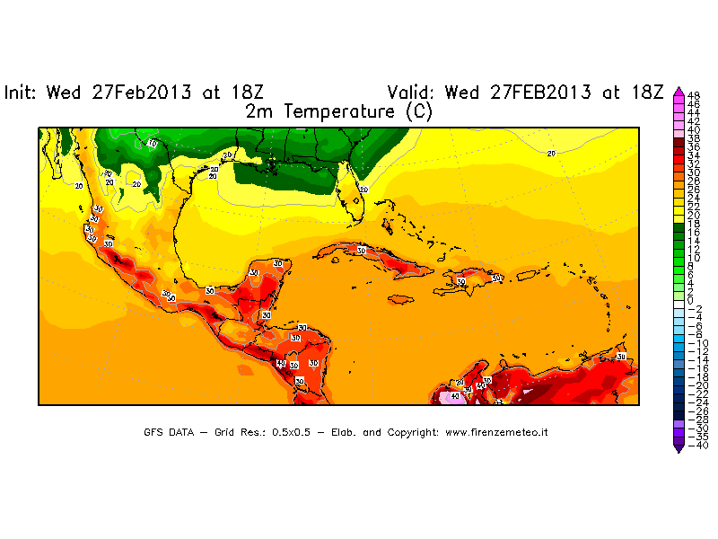 Mappa di analisi GFS - Temperatura a 2 metri dal suolo [°C] in Centro-America
							del 27/02/2013 18 <!--googleoff: index-->UTC<!--googleon: index-->