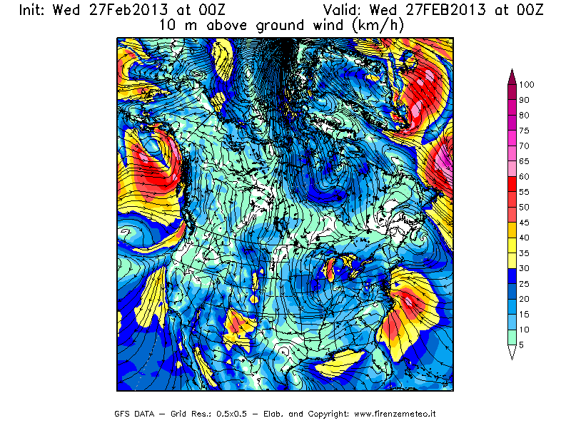 Mappa di analisi GFS - Velocità del vento a 10 metri dal suolo [km/h] in Nord-America
							del 27/02/2013 00 <!--googleoff: index-->UTC<!--googleon: index-->