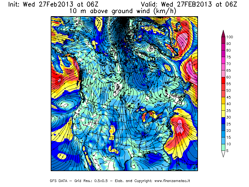 Mappa di analisi GFS - Velocità del vento a 10 metri dal suolo [km/h] in Nord-America
							del 27/02/2013 06 <!--googleoff: index-->UTC<!--googleon: index-->