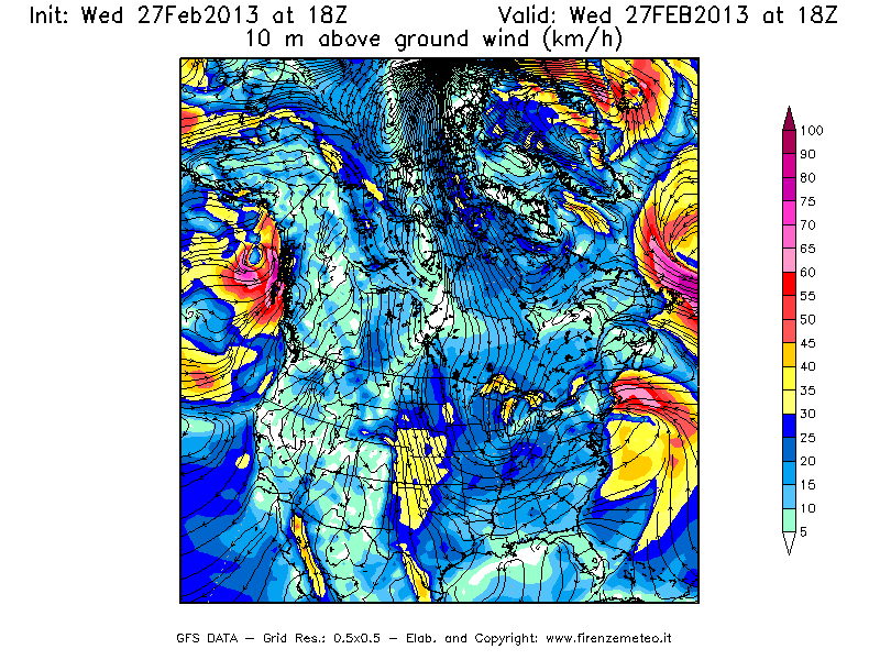 Mappa di analisi GFS - Velocità del vento a 10 metri dal suolo [km/h] in Nord-America
							del 27/02/2013 18 <!--googleoff: index-->UTC<!--googleon: index-->