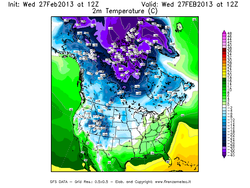 Mappa di analisi GFS - Temperatura a 2 metri dal suolo [°C] in Nord-America
							del 27/02/2013 12 <!--googleoff: index-->UTC<!--googleon: index-->