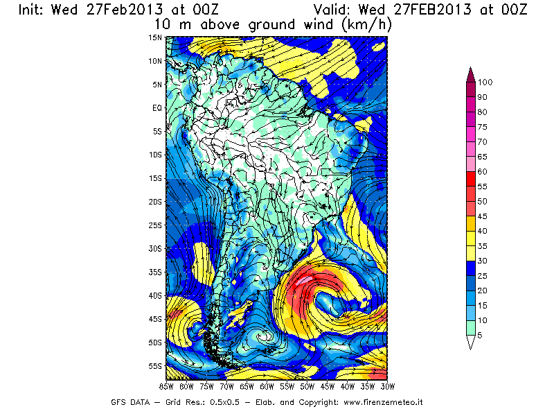 Mappa di analisi GFS - Velocità del vento a 10 metri dal suolo [km/h] in Sud-America
							del 27/02/2013 00 <!--googleoff: index-->UTC<!--googleon: index-->
