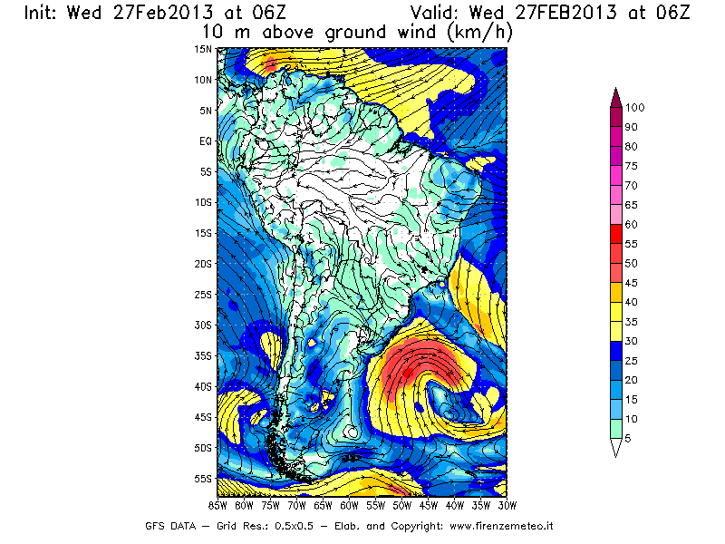 Mappa di analisi GFS - Velocità del vento a 10 metri dal suolo [km/h] in Sud-America
							del 27/02/2013 06 <!--googleoff: index-->UTC<!--googleon: index-->