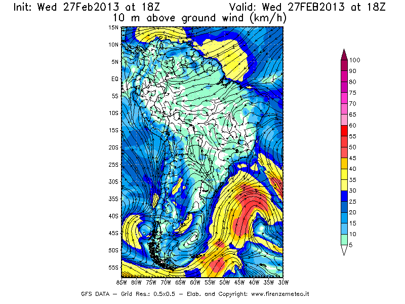 Mappa di analisi GFS - Velocità del vento a 10 metri dal suolo [km/h] in Sud-America
							del 27/02/2013 18 <!--googleoff: index-->UTC<!--googleon: index-->