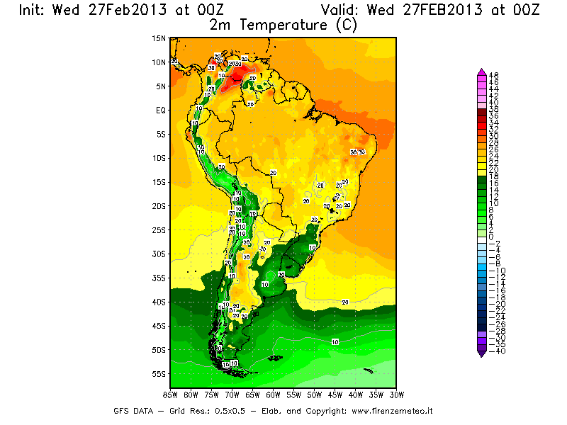Mappa di analisi GFS - Temperatura a 2 metri dal suolo [°C] in Sud-America
							del 27/02/2013 00 <!--googleoff: index-->UTC<!--googleon: index-->