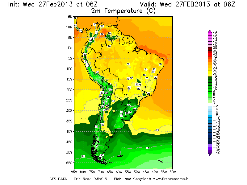 Mappa di analisi GFS - Temperatura a 2 metri dal suolo [°C] in Sud-America
							del 27/02/2013 06 <!--googleoff: index-->UTC<!--googleon: index-->