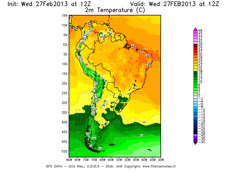 Mappa di analisi GFS - Temperatura a 2 metri dal suolo [°C] in Sud-America
							del 27/02/2013 12 <!--googleoff: index-->UTC<!--googleon: index-->