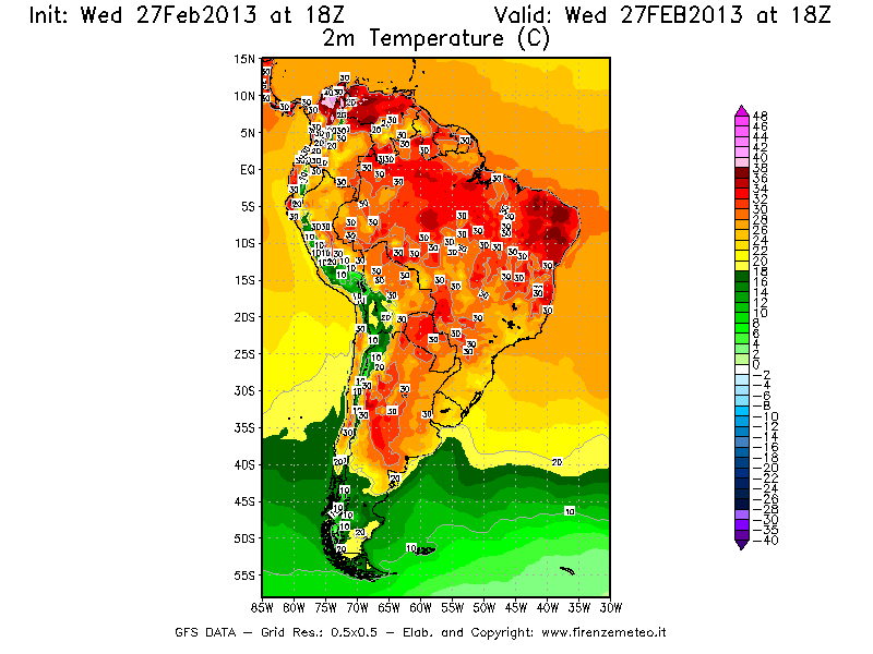 Mappa di analisi GFS - Temperatura a 2 metri dal suolo [°C] in Sud-America
							del 27/02/2013 18 <!--googleoff: index-->UTC<!--googleon: index-->