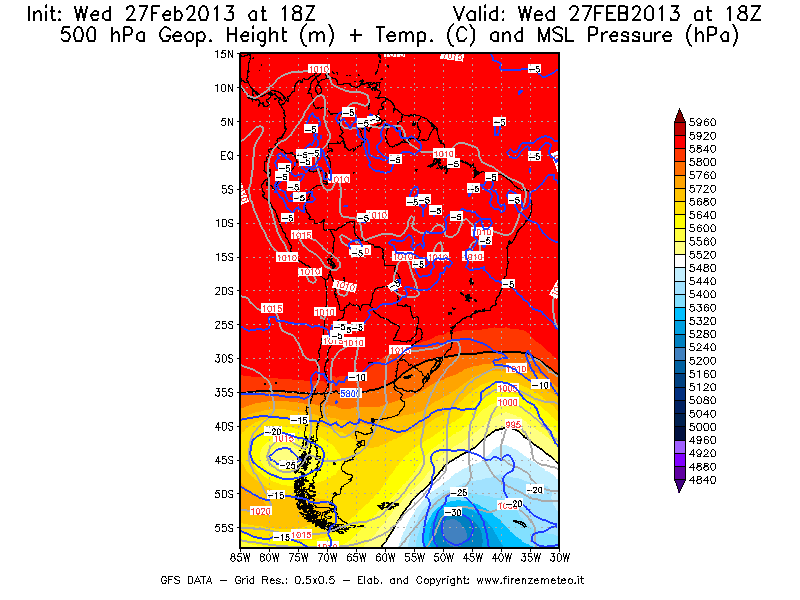 Mappa di analisi GFS - Geopotenziale [m] + Temp. [°C] a 500 hPa + Press. a livello del mare [hPa] in Sud-America
							del 27/02/2013 18 <!--googleoff: index-->UTC<!--googleon: index-->