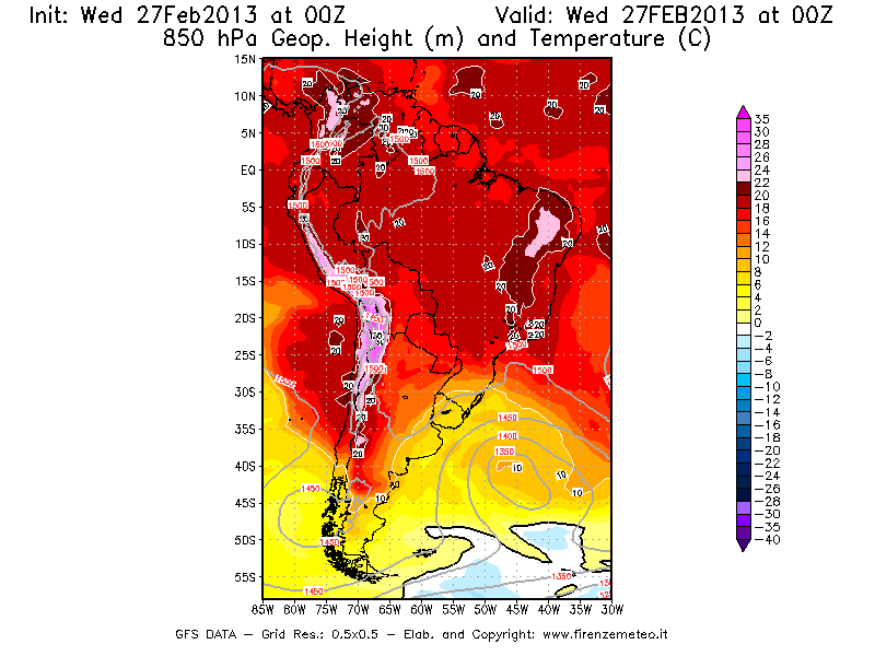 Mappa di analisi GFS - Geopotenziale [m] e Temperatura [°C] a 850 hPa in Sud-America
							del 27/02/2013 00 <!--googleoff: index-->UTC<!--googleon: index-->