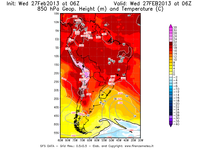Mappa di analisi GFS - Geopotenziale [m] e Temperatura [°C] a 850 hPa in Sud-America
							del 27/02/2013 06 <!--googleoff: index-->UTC<!--googleon: index-->