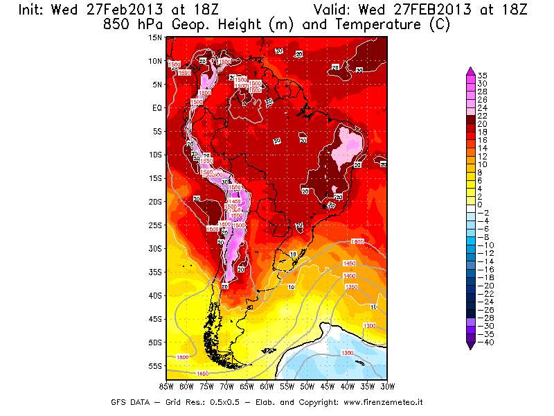 Mappa di analisi GFS - Geopotenziale [m] e Temperatura [°C] a 850 hPa in Sud-America
							del 27/02/2013 18 <!--googleoff: index-->UTC<!--googleon: index-->