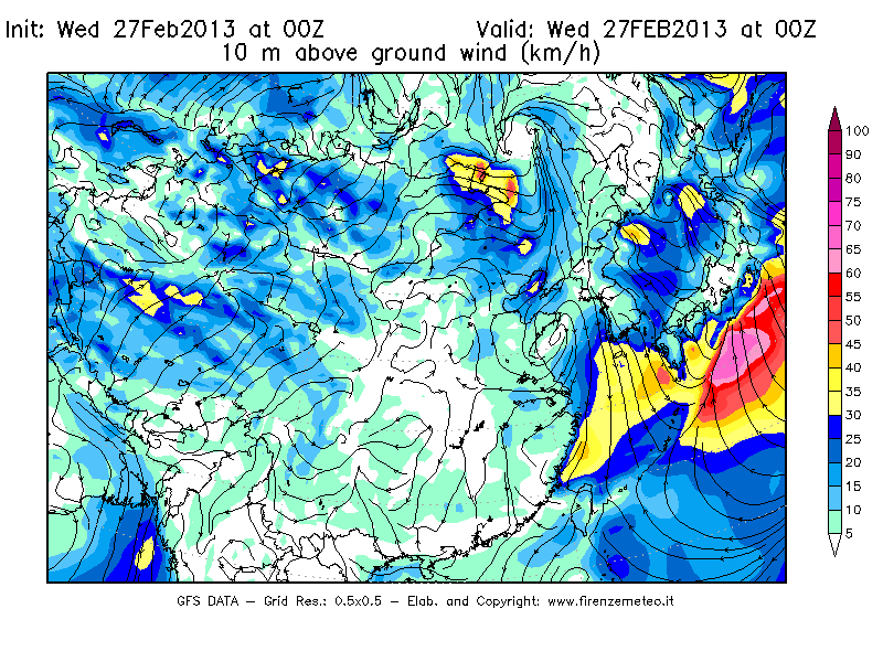 Mappa di analisi GFS - Velocità del vento a 10 metri dal suolo [km/h] in Asia Orientale
							del 27/02/2013 00 <!--googleoff: index-->UTC<!--googleon: index-->