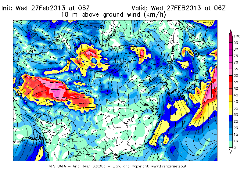 Mappa di analisi GFS - Velocità del vento a 10 metri dal suolo [km/h] in Asia Orientale
							del 27/02/2013 06 <!--googleoff: index-->UTC<!--googleon: index-->