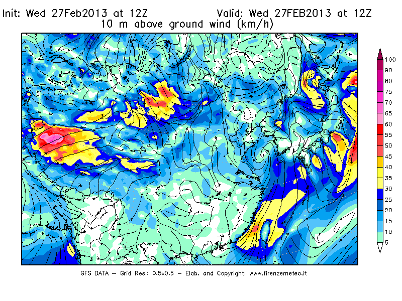 Mappa di analisi GFS - Velocità del vento a 10 metri dal suolo [km/h] in Asia Orientale
							del 27/02/2013 12 <!--googleoff: index-->UTC<!--googleon: index-->