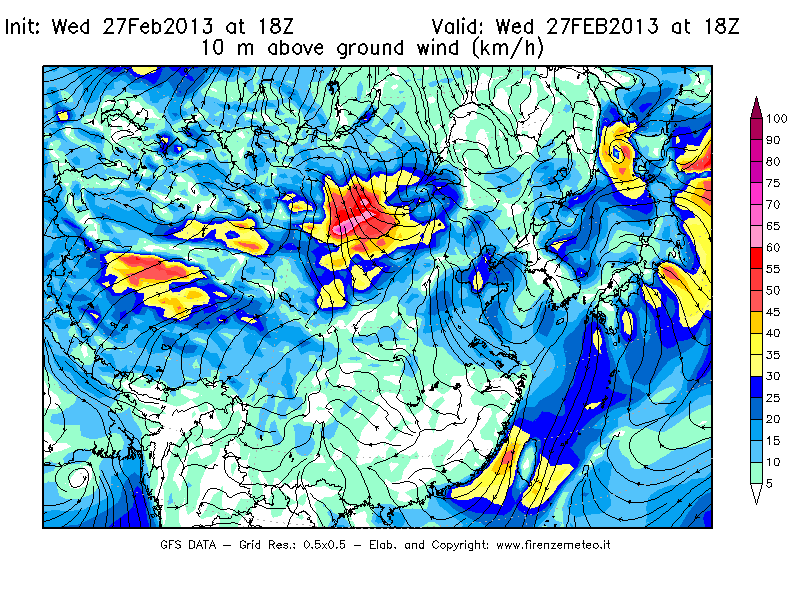 Mappa di analisi GFS - Velocità del vento a 10 metri dal suolo [km/h] in Asia Orientale
							del 27/02/2013 18 <!--googleoff: index-->UTC<!--googleon: index-->