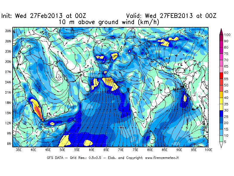 Mappa di analisi GFS - Velocità del vento a 10 metri dal suolo [km/h] in Asia Sud-Occidentale
							del 27/02/2013 00 <!--googleoff: index-->UTC<!--googleon: index-->