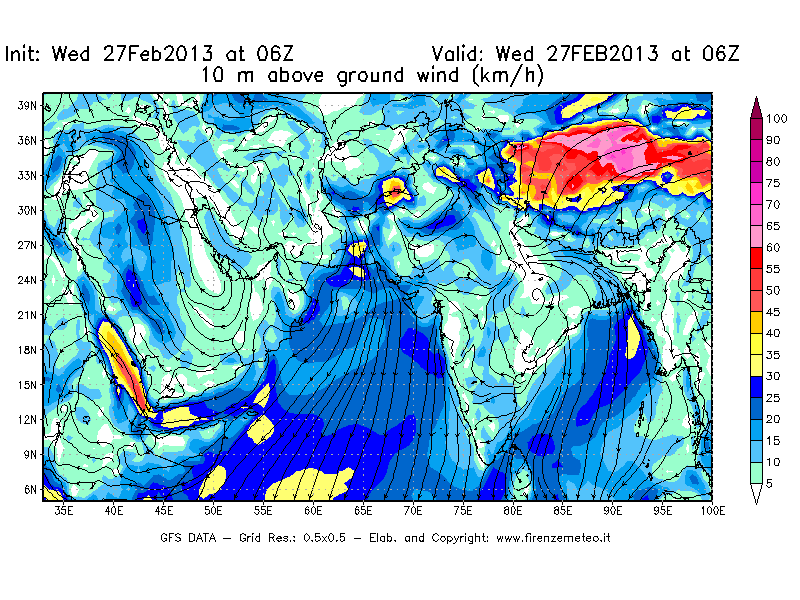 Mappa di analisi GFS - Velocità del vento a 10 metri dal suolo [km/h] in Asia Sud-Occidentale
							del 27/02/2013 06 <!--googleoff: index-->UTC<!--googleon: index-->