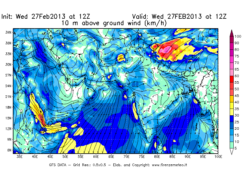 Mappa di analisi GFS - Velocità del vento a 10 metri dal suolo [km/h] in Asia Sud-Occidentale
							del 27/02/2013 12 <!--googleoff: index-->UTC<!--googleon: index-->