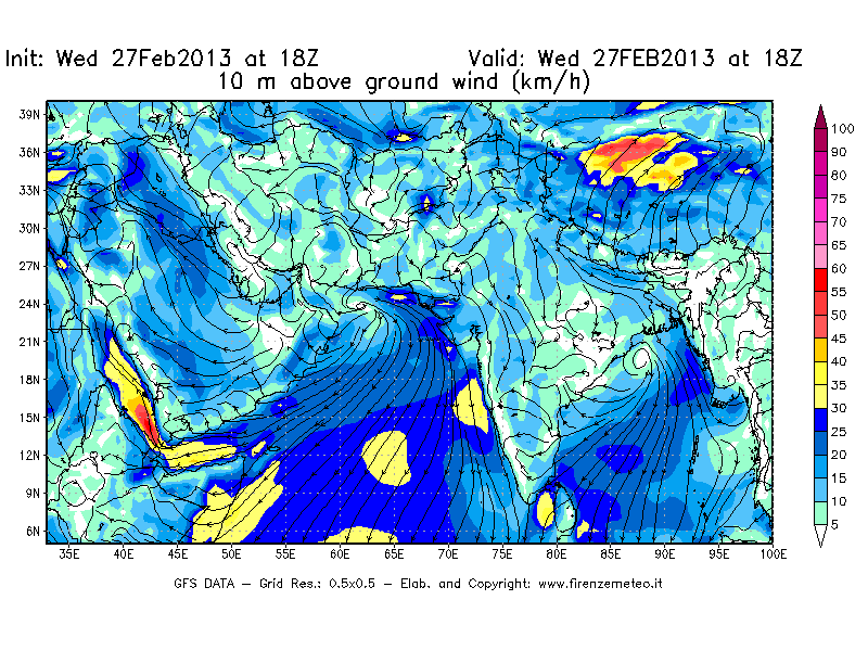 Mappa di analisi GFS - Velocità del vento a 10 metri dal suolo [km/h] in Asia Sud-Occidentale
							del 27/02/2013 18 <!--googleoff: index-->UTC<!--googleon: index-->