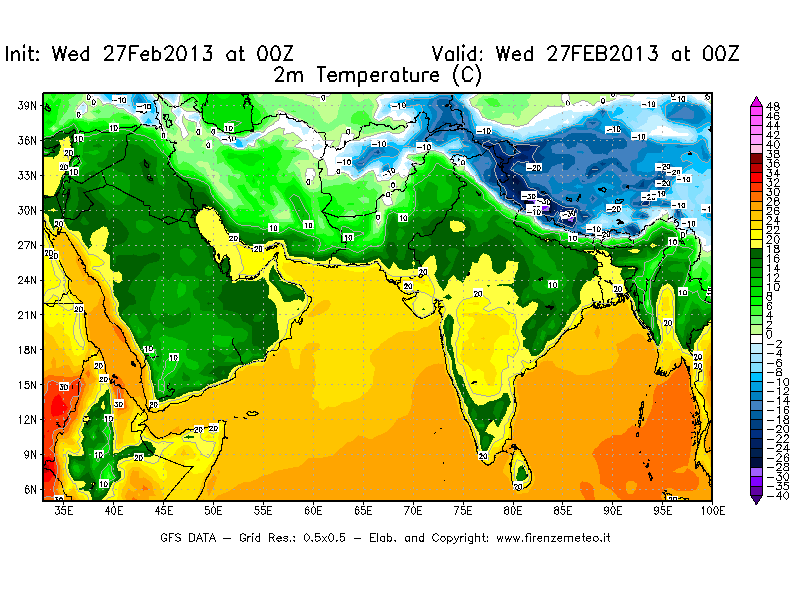 Mappa di analisi GFS - Temperatura a 2 metri dal suolo [°C] in Asia Sud-Occidentale
							del 27/02/2013 00 <!--googleoff: index-->UTC<!--googleon: index-->