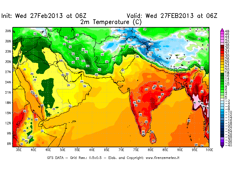 Mappa di analisi GFS - Temperatura a 2 metri dal suolo [°C] in Asia Sud-Occidentale
							del 27/02/2013 06 <!--googleoff: index-->UTC<!--googleon: index-->